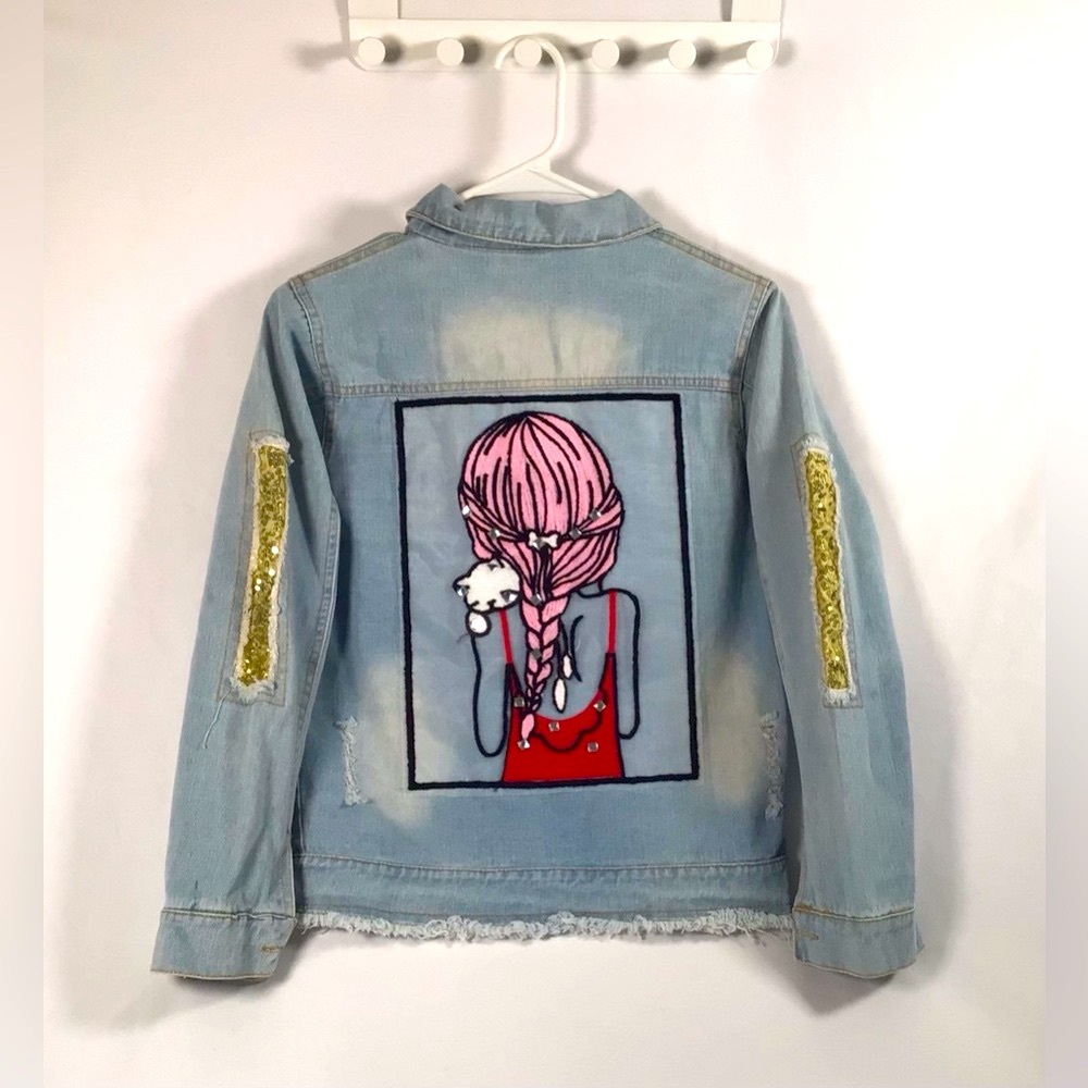 Girl Holding Cat Sequin Jean Jacket